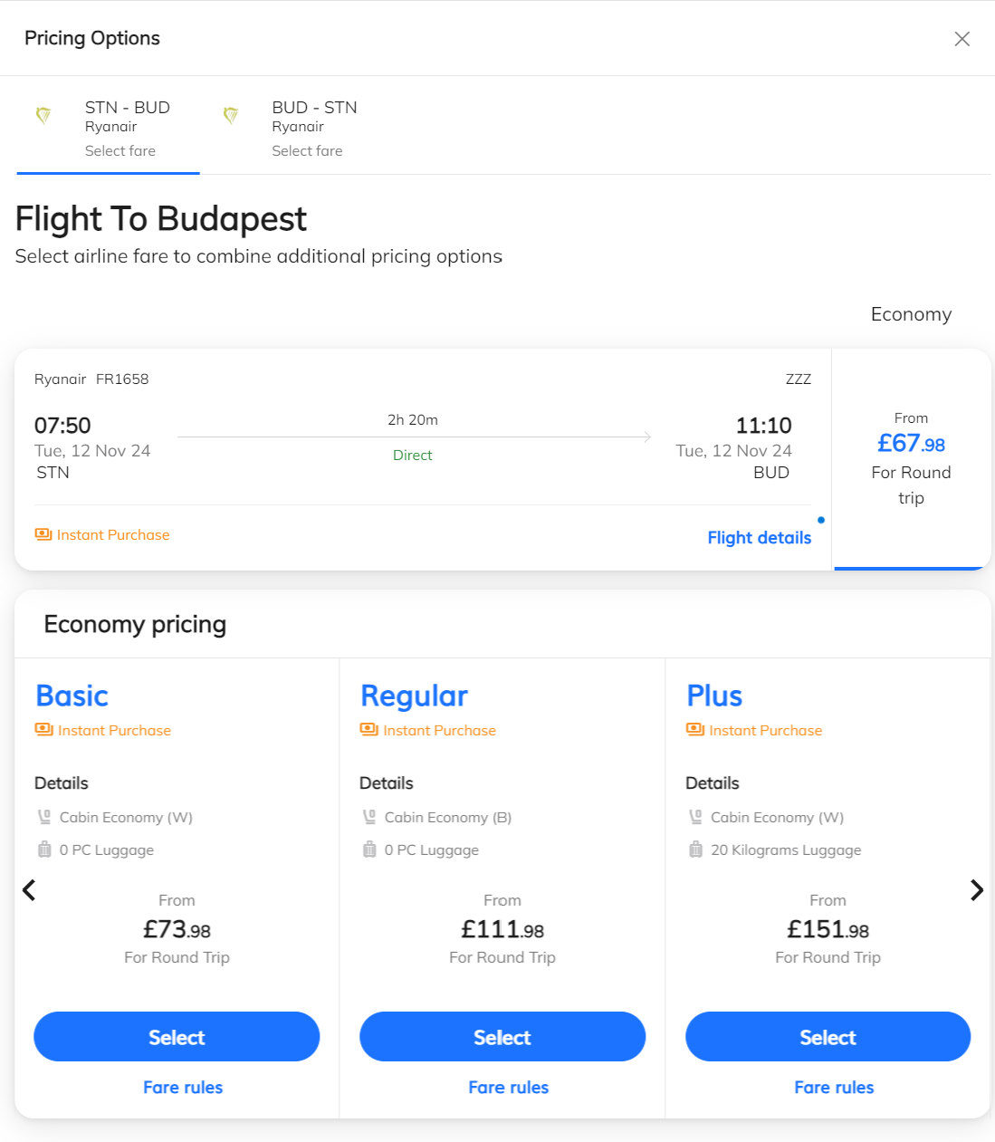 Ryanair baggage pricing options box